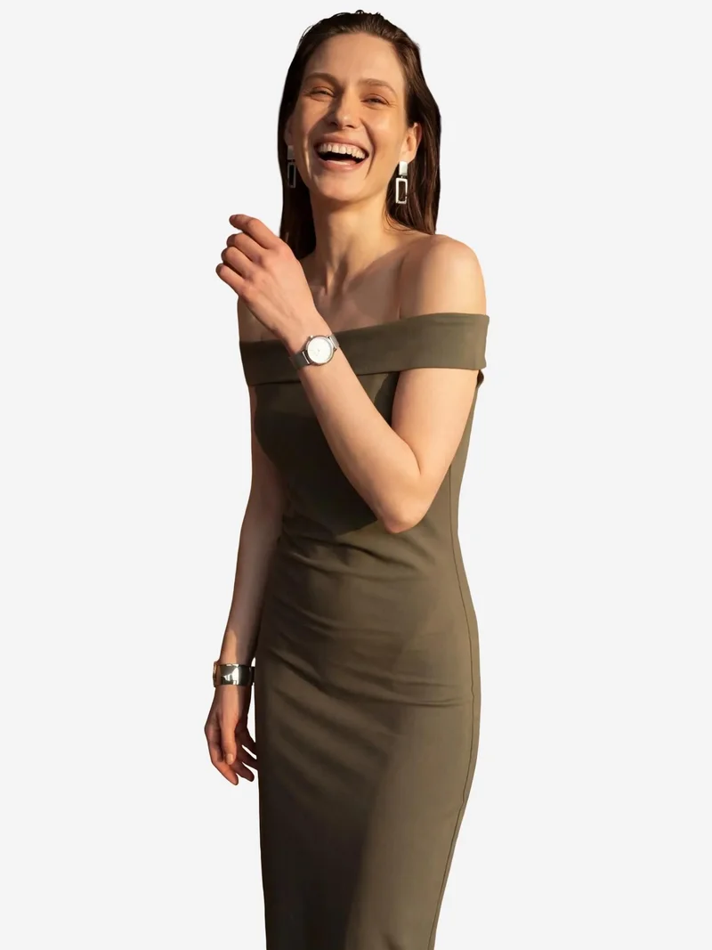 MY FASHION Khaki Green MY FASHION Off Shoulder Bodycon Maxi Dress with Slit for Women | Best Price UAE